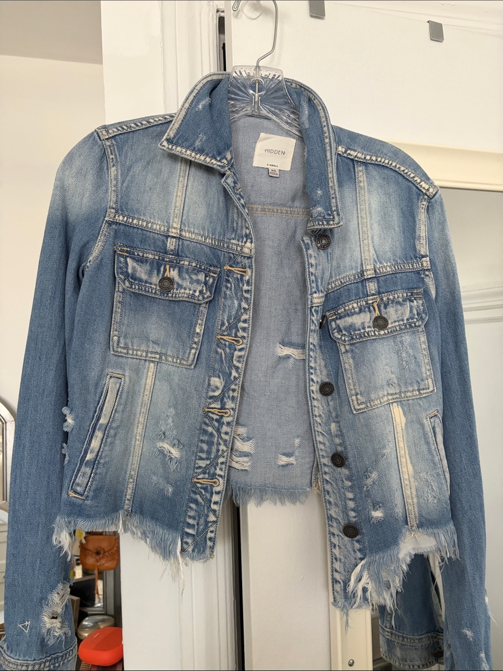 Hidden Light Blue Distressed Cropped Denim Jacket
